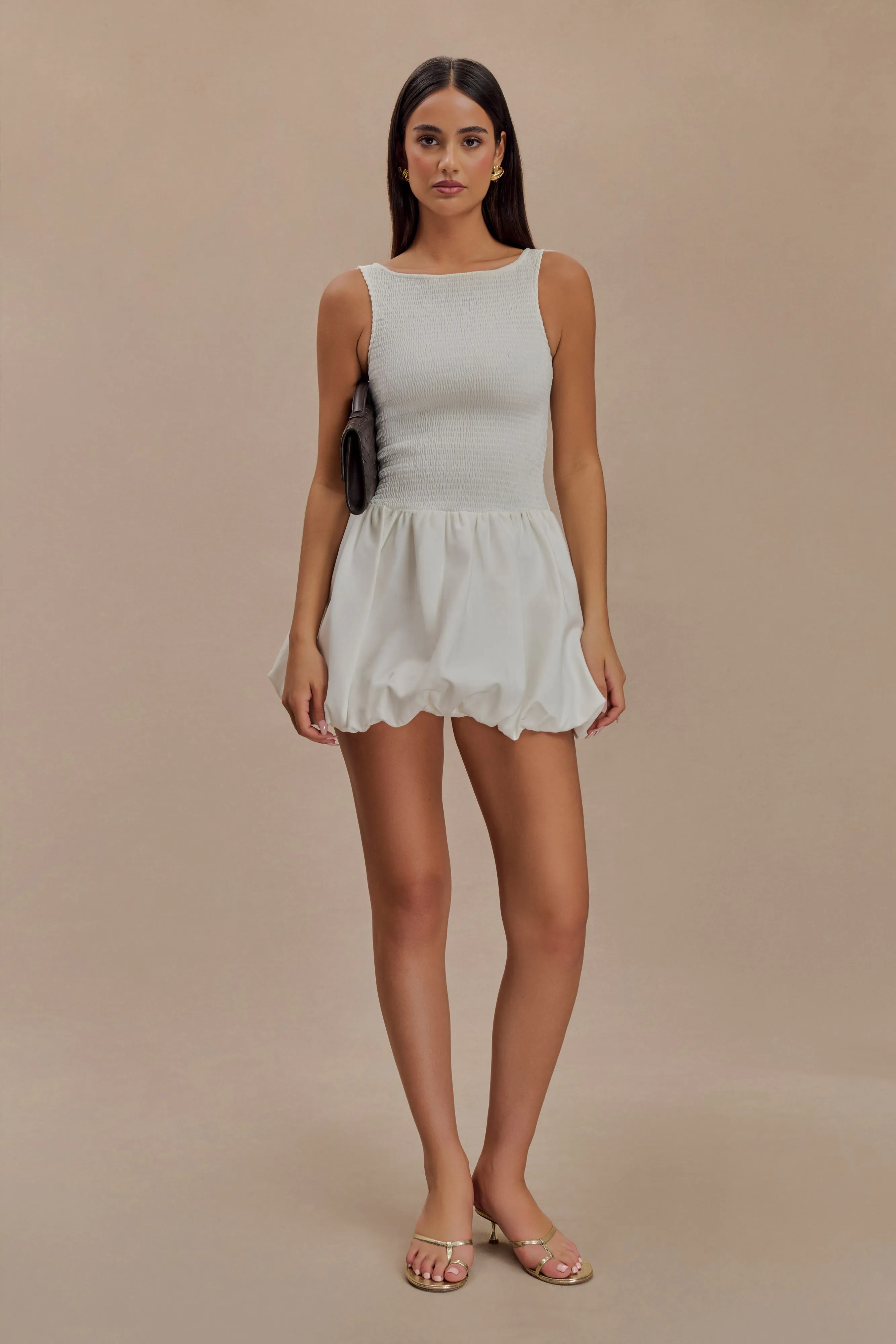 Felicity Shirring Bubble Cotton Mini Dress - White