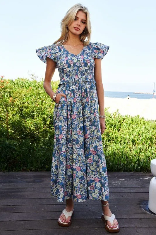 Floral Flutter Sleeve Midi Dress