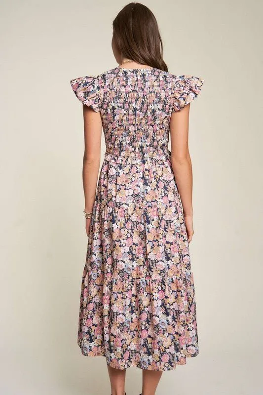 Floral Flutter Sleeve Midi Dress