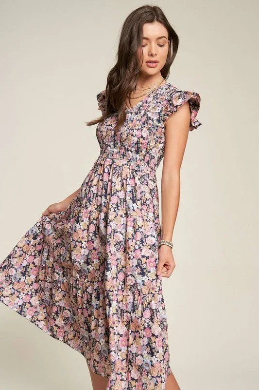 Floral Flutter Sleeve Midi Dress