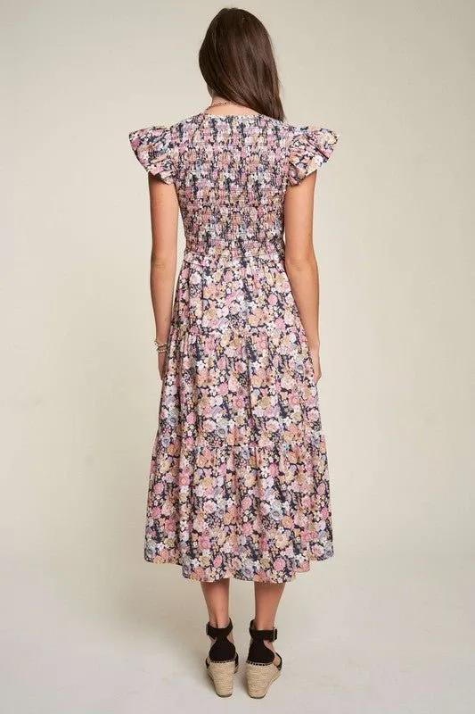 Floral Flutter Sleeve Midi Dress