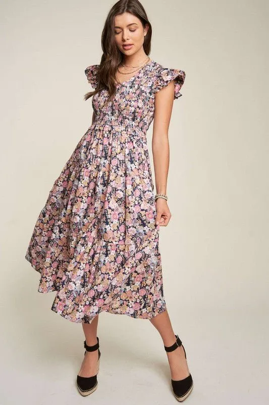 Floral Flutter Sleeve Midi Dress