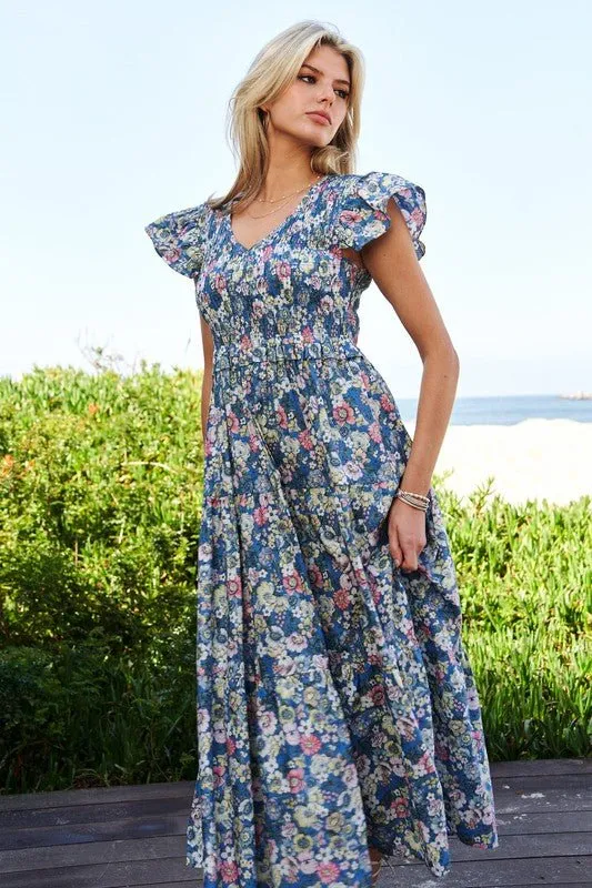 Floral Flutter Sleeve Midi Dress