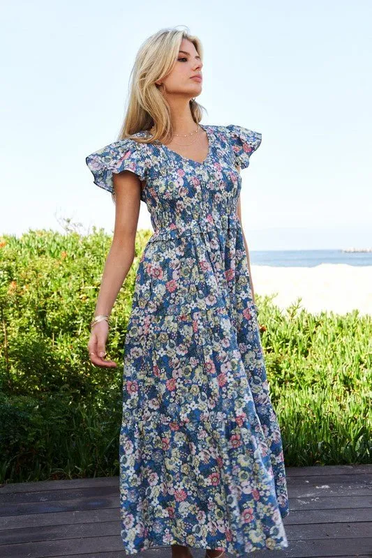 Floral Flutter Sleeve Midi Dress