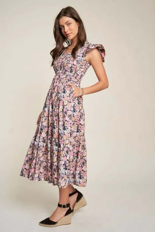 Floral Flutter Sleeve Midi Dress