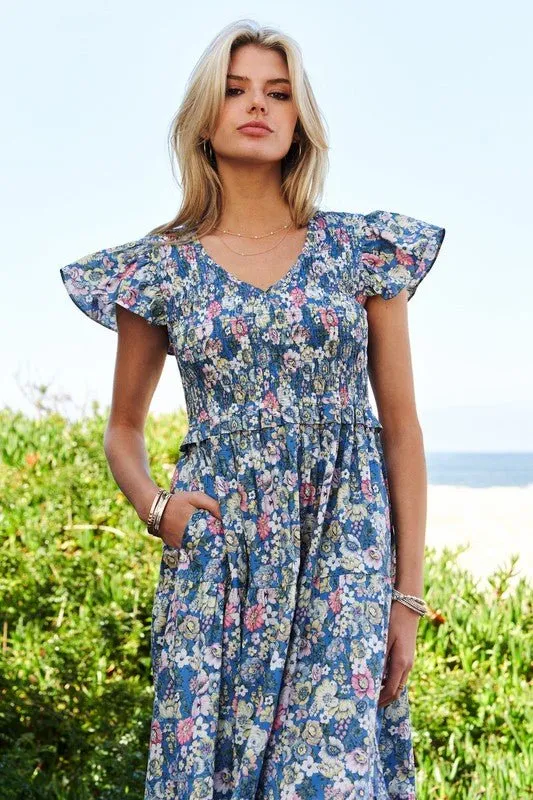 Floral Flutter Sleeve Midi Dress