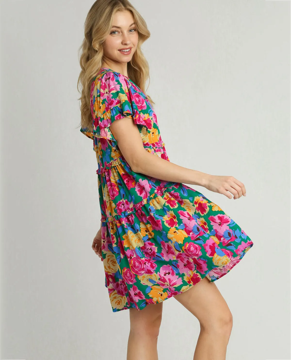 Floral Ruffle Trim Tiered Mini Dress