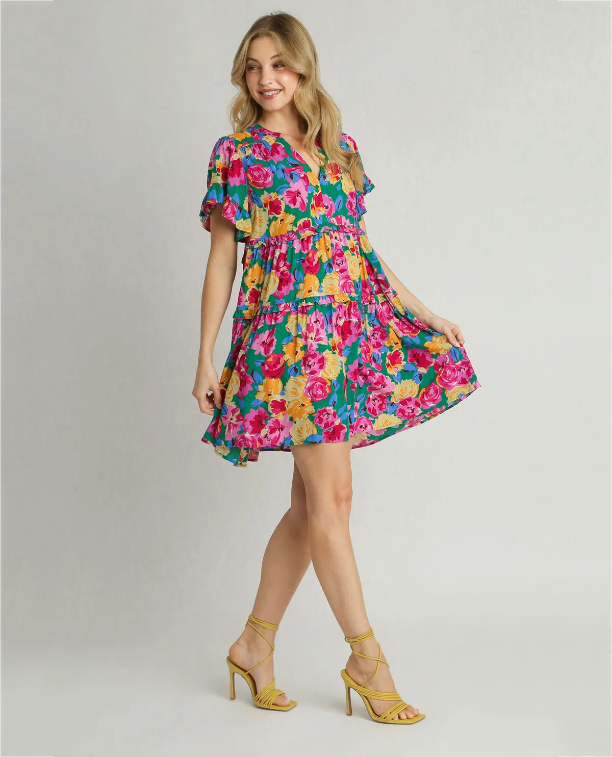 Floral Ruffle Trim Tiered Mini Dress