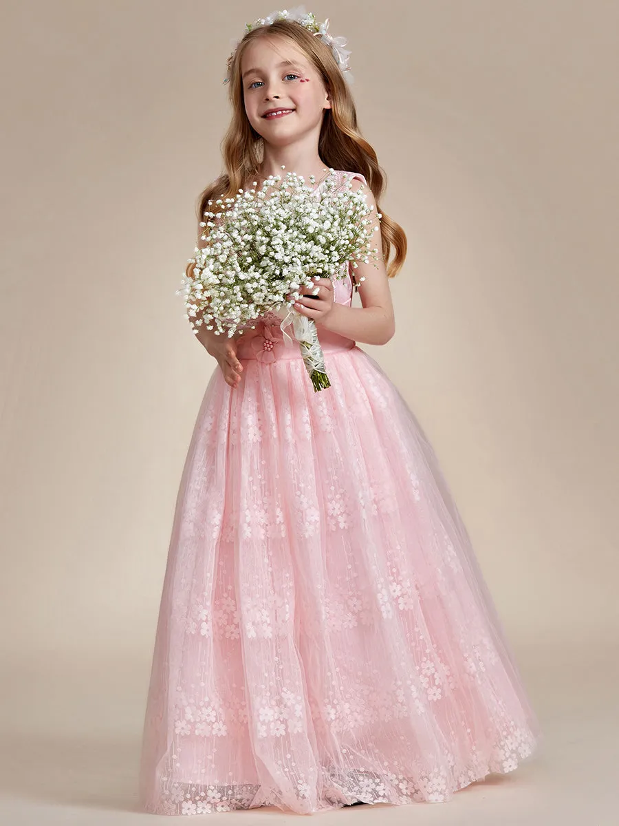 Floral Tulle Applique Princess Flower Girl Dress With Satin Back