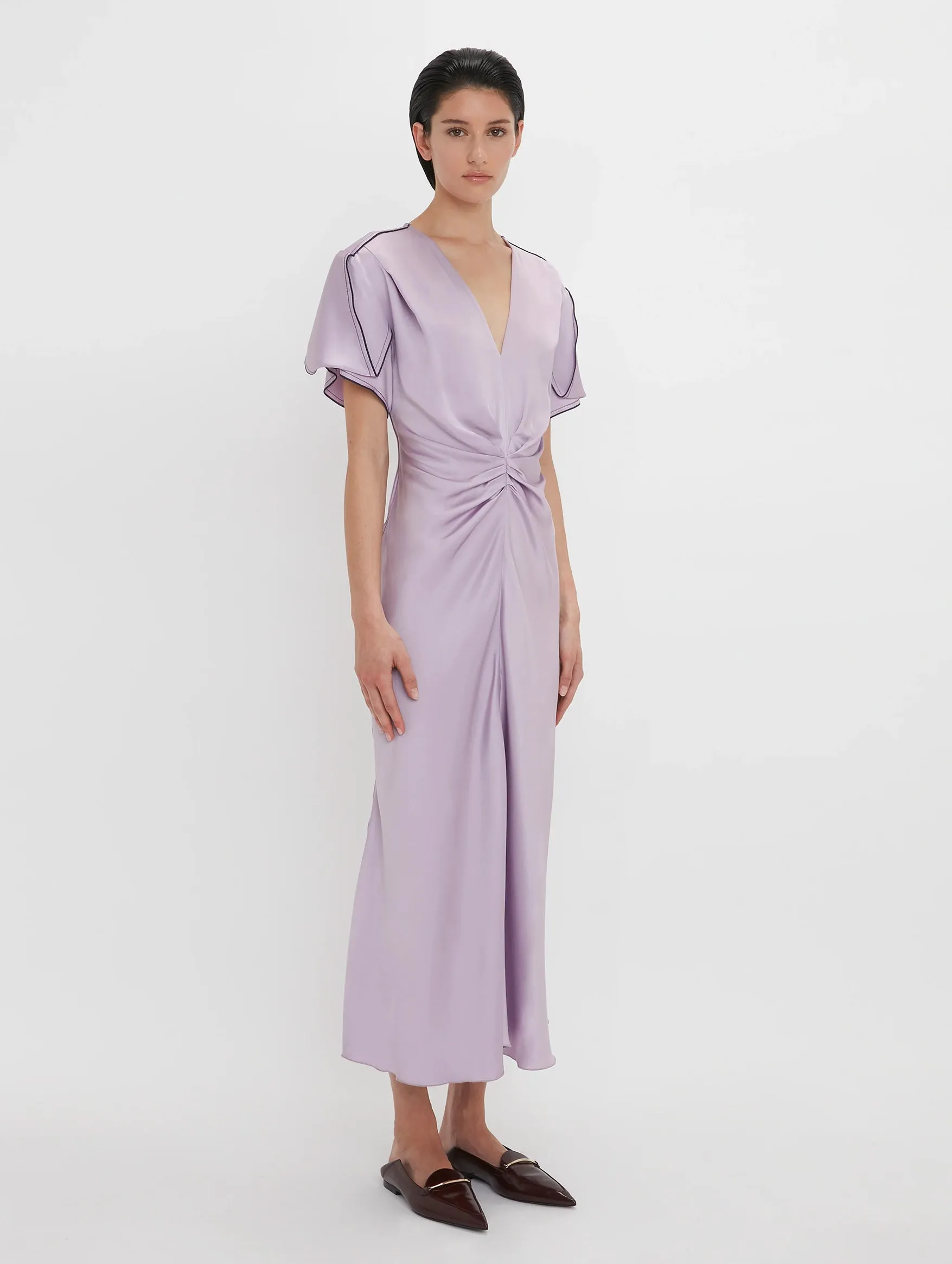 Gathered V-Neck Midi Dress in Petunia