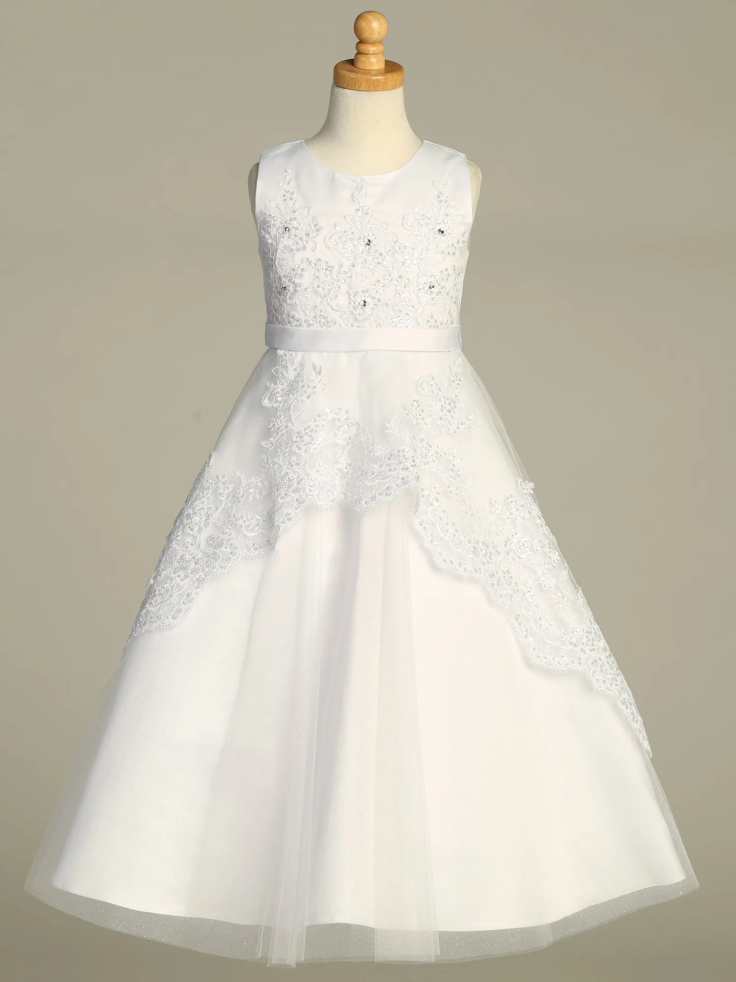 Girls White First Communion Dress w/ Embroidered Tulle & Sequins Dress (721)