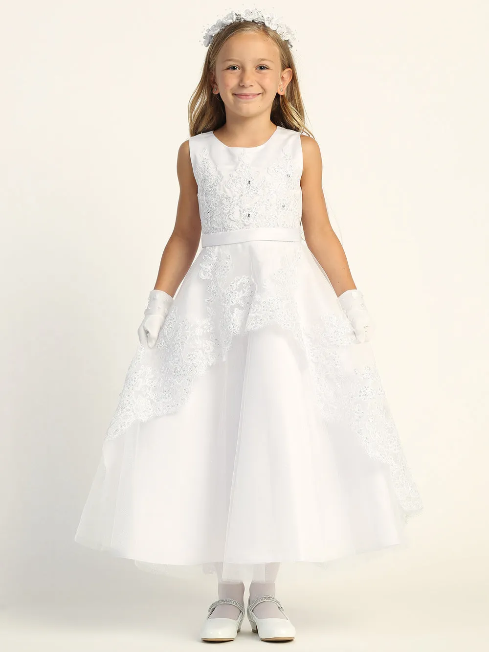 Girls White First Communion Dress w/ Embroidered Tulle & Sequins Dress (721)