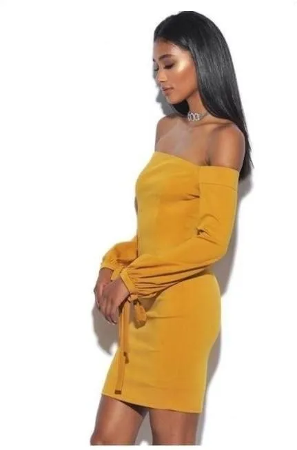 Golden Yellow Strapless Puffy Tie Sleeve Dress