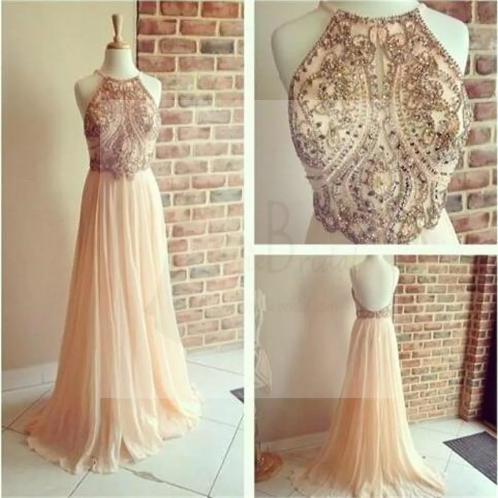 Gorgeous Backless Rhinestone Beaded Long A-line Chiffon Prom Dresses, PD0159