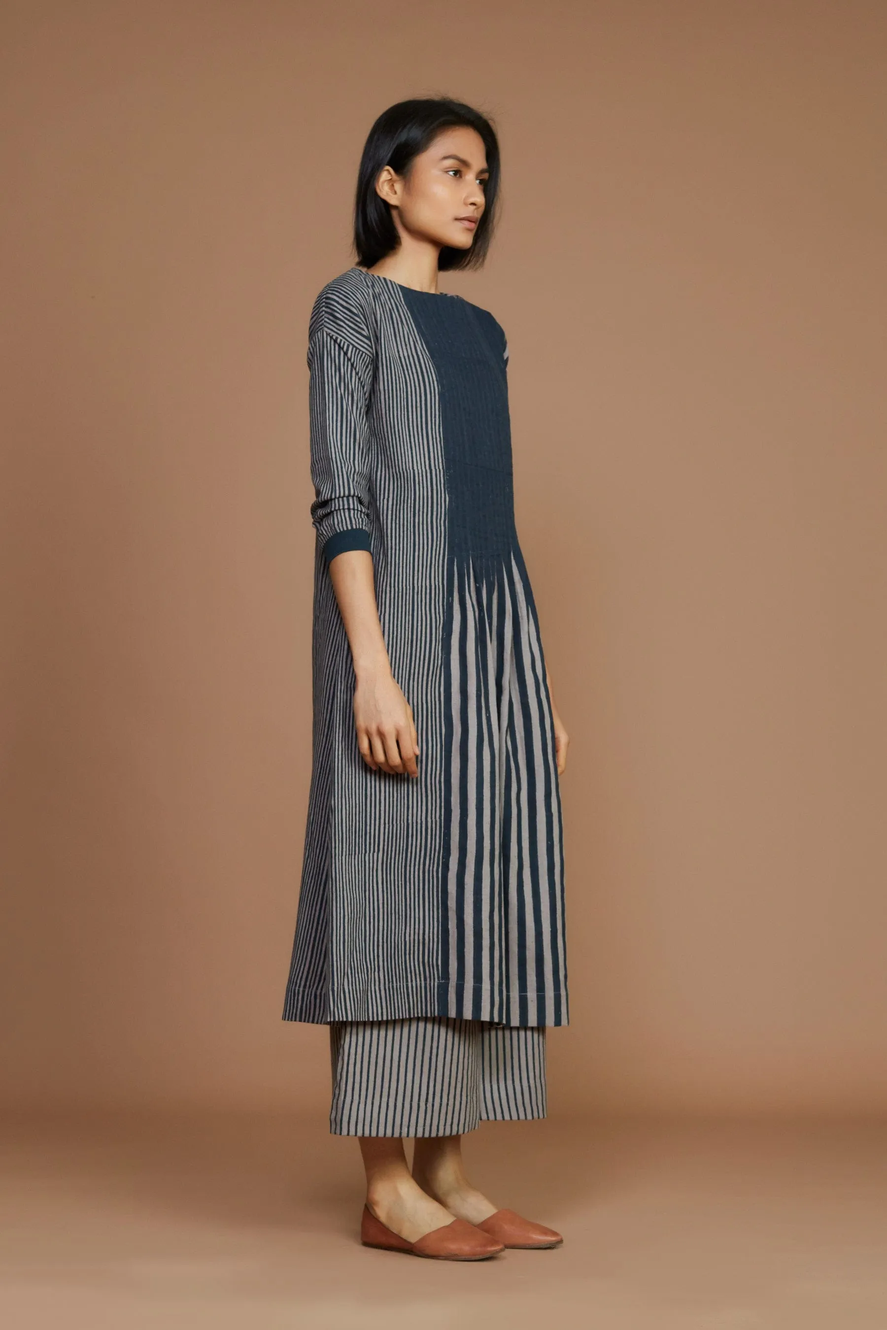 Grey With Charcoal Striped Pleated Dress