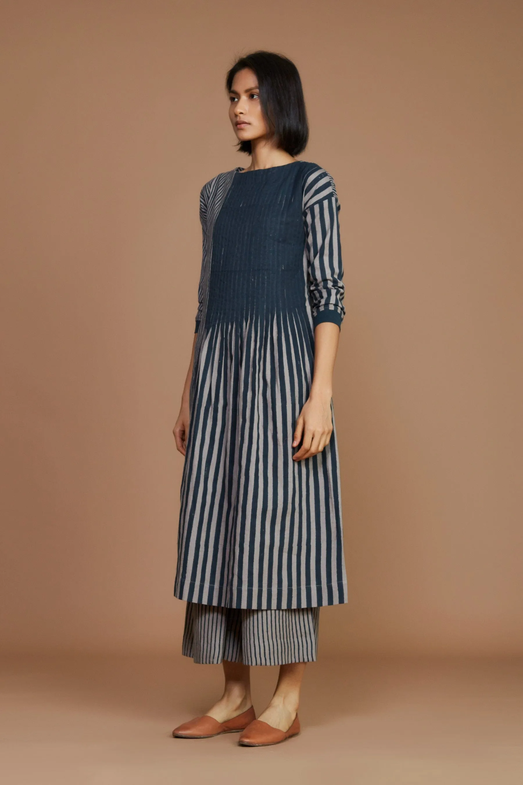 Grey With Charcoal Striped Pleated Dress