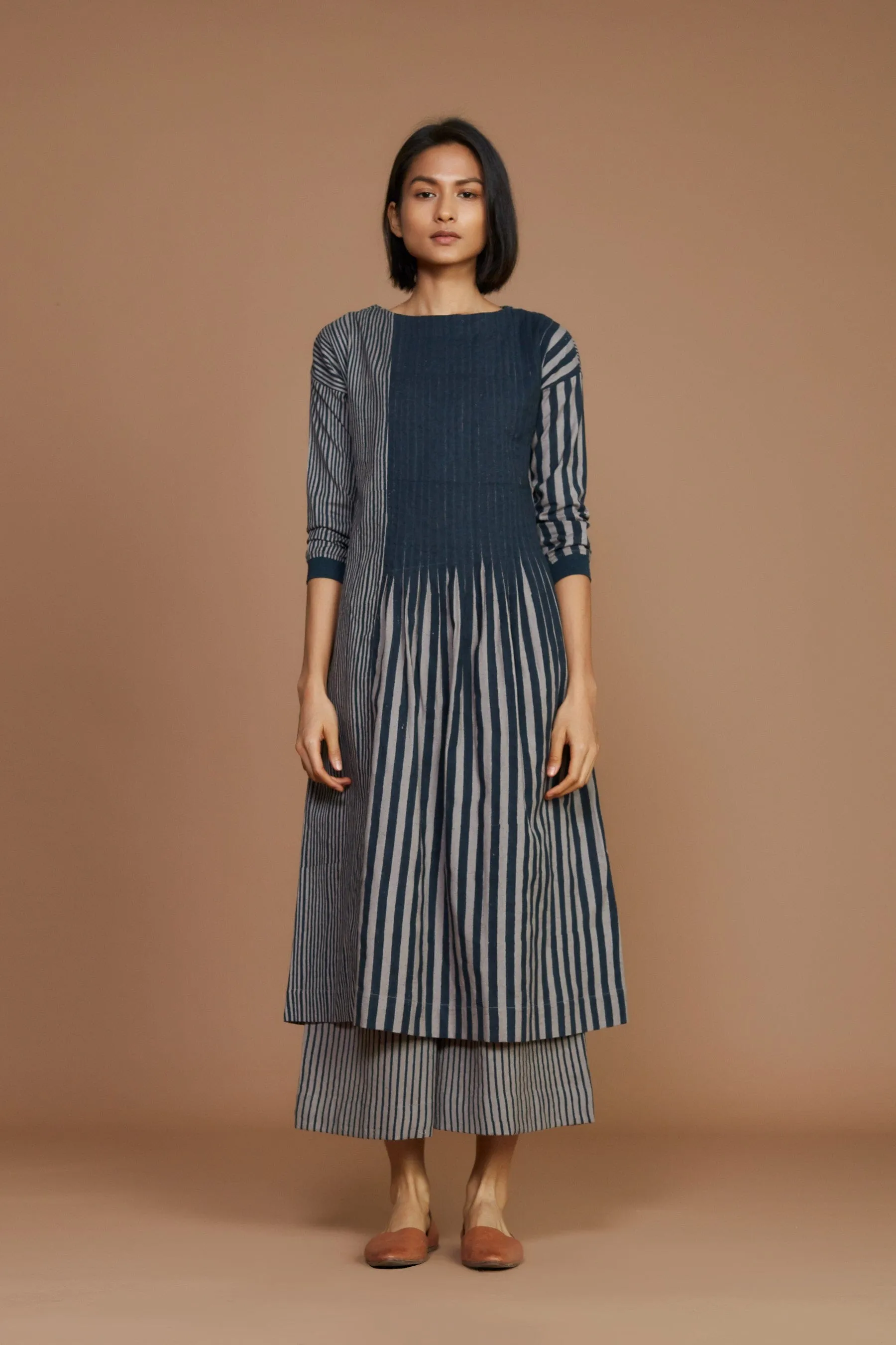 Grey With Charcoal Striped Pleated Dress