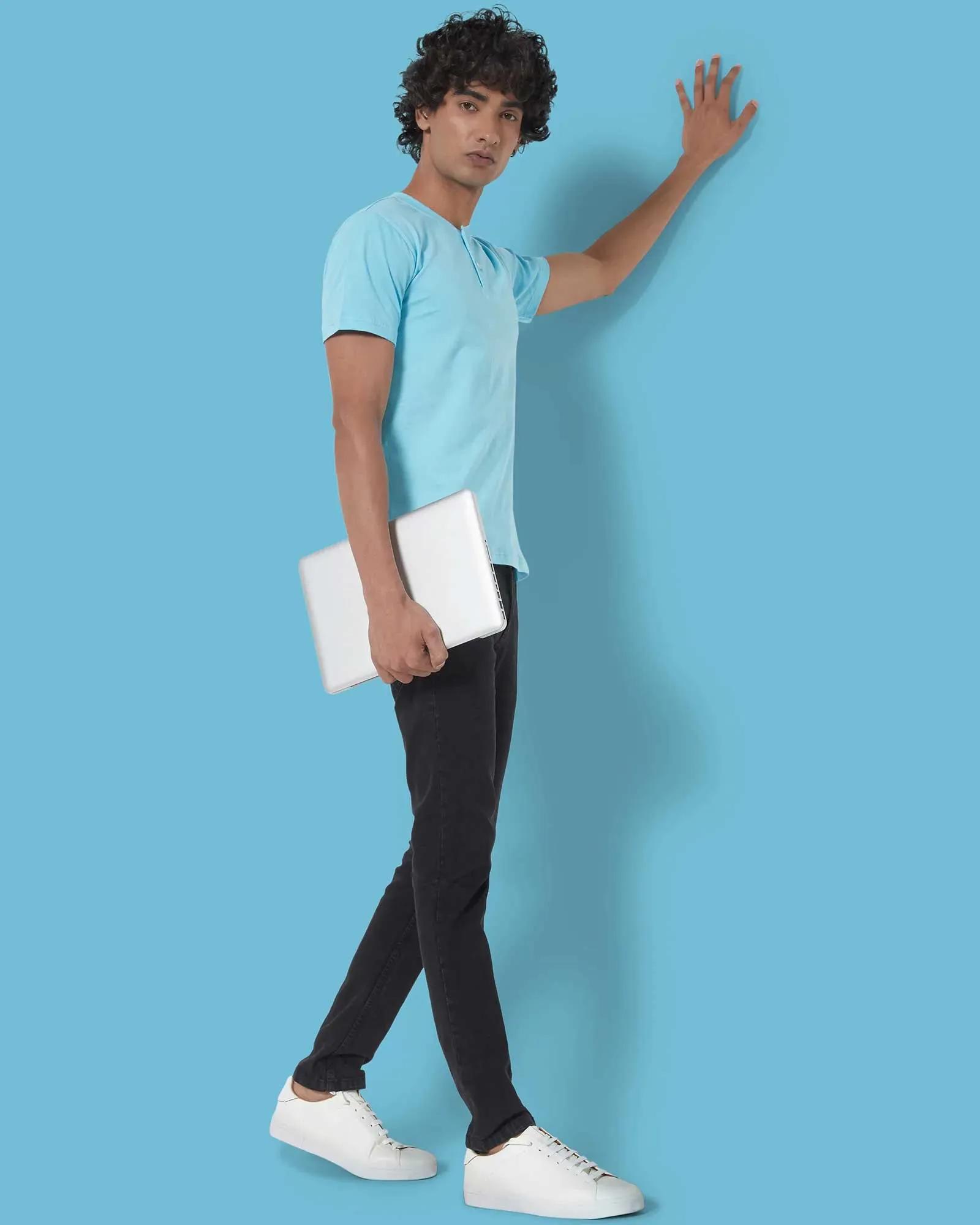 Half Sleeves Henley: Aqua Blue