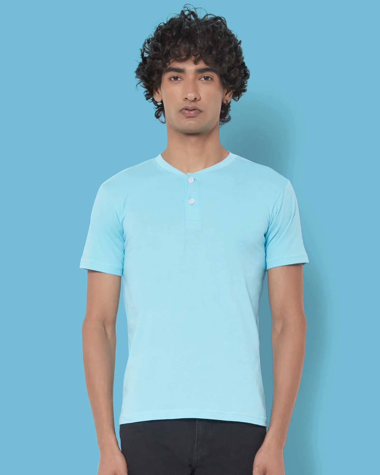 Half Sleeves Henley: Aqua Blue