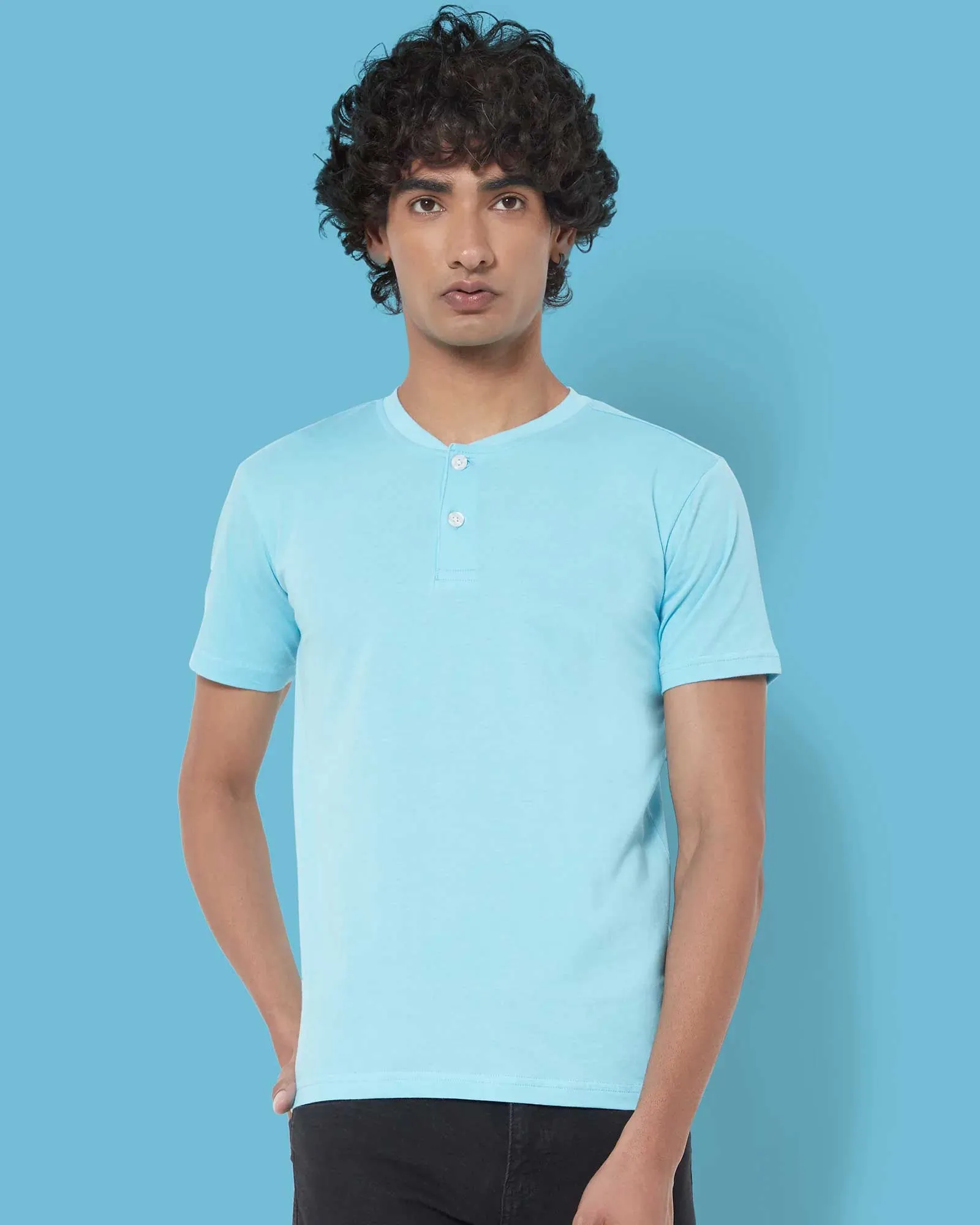 Half Sleeves Henley: Aqua Blue