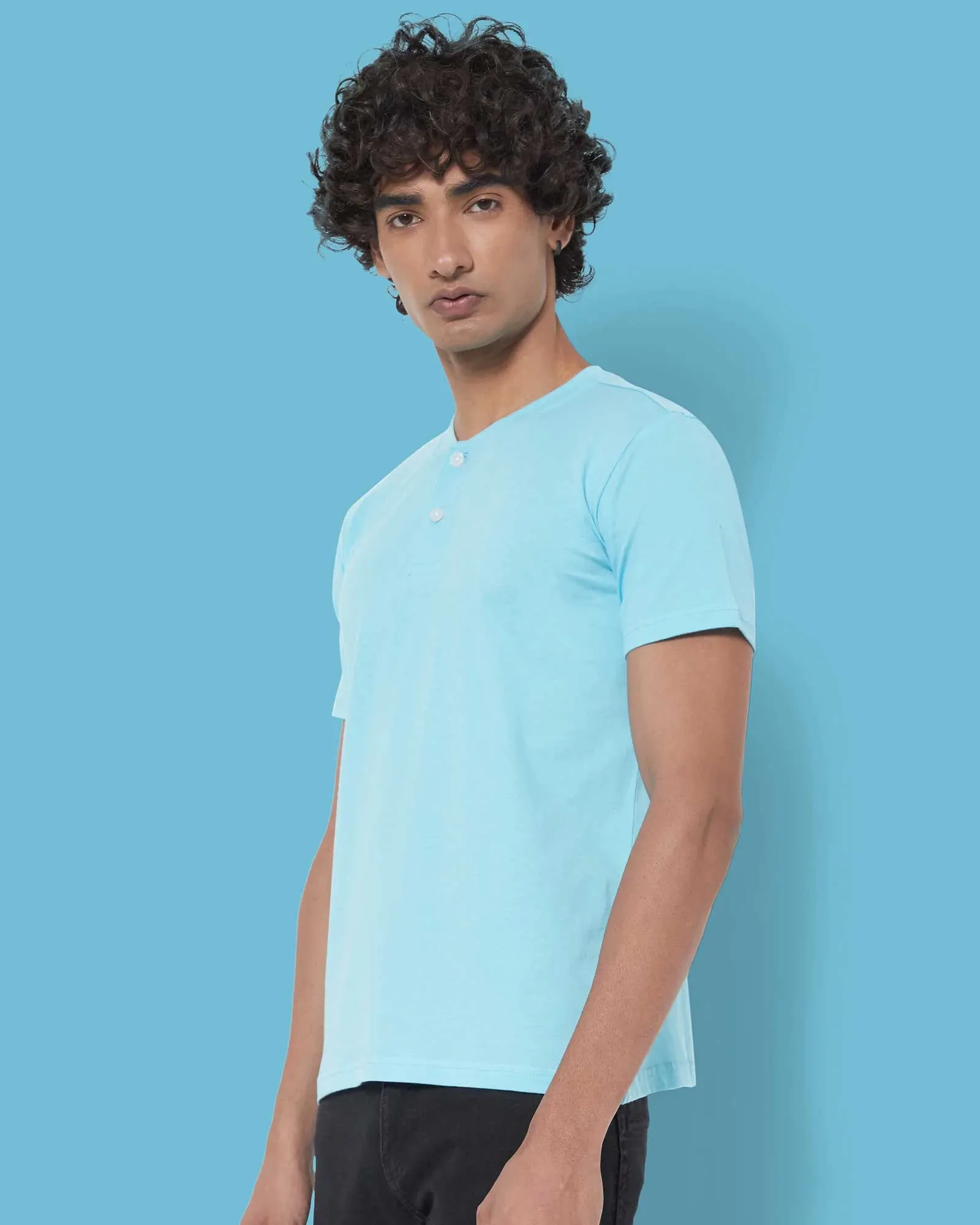 Half Sleeves Henley: Aqua Blue