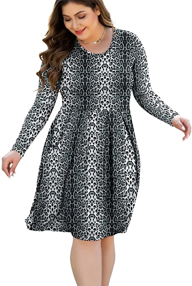 HAOMEILI Women's Plus Size Long Sleeve Dress Casual Pleated Swing Dresses with Pockets