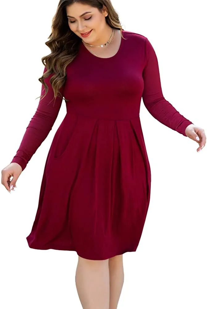 HAOMEILI Women's Plus Size Long Sleeve Dress Casual Pleated Swing Dresses with Pockets