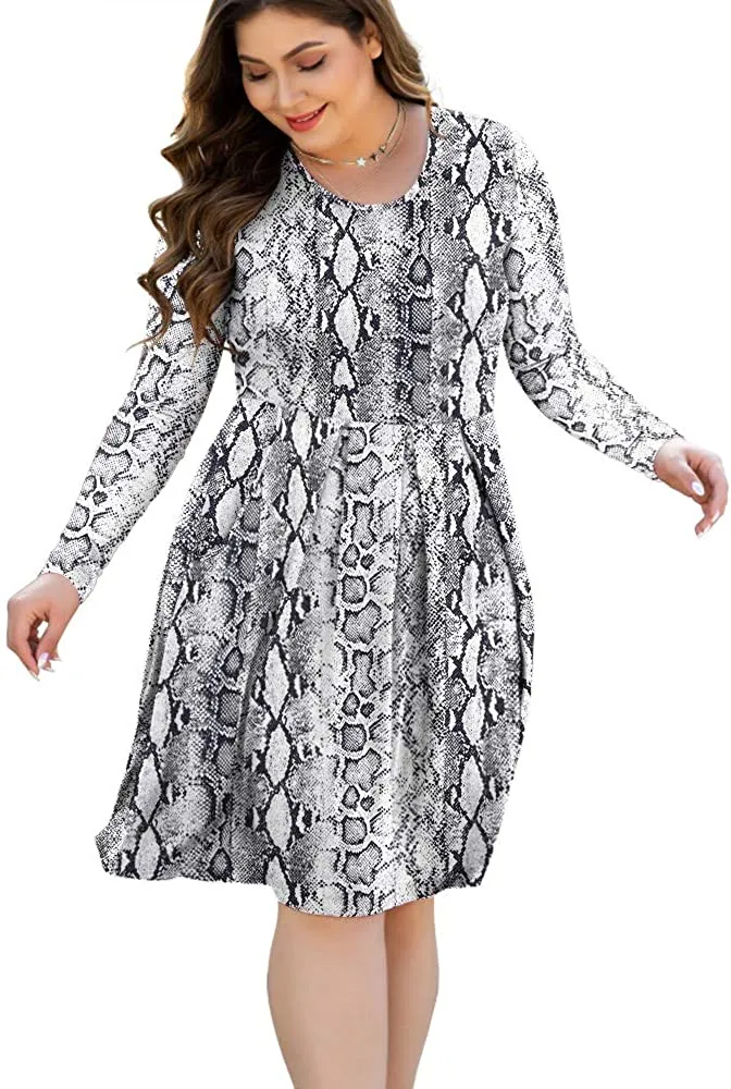 HAOMEILI Women's Plus Size Long Sleeve Dress Casual Pleated Swing Dresses with Pockets