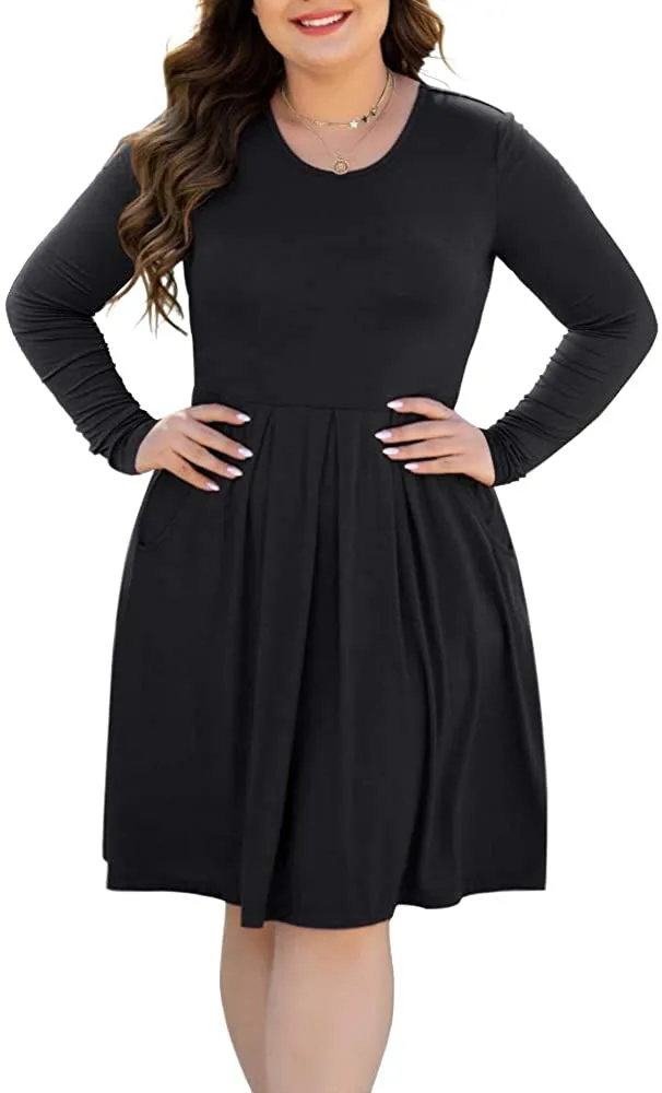 HAOMEILI Women's Plus Size Long Sleeve Dress Casual Pleated Swing Dresses with Pockets