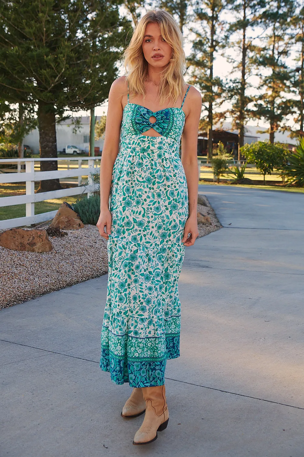 Henley Linen Maxi Dress - Emerald/White