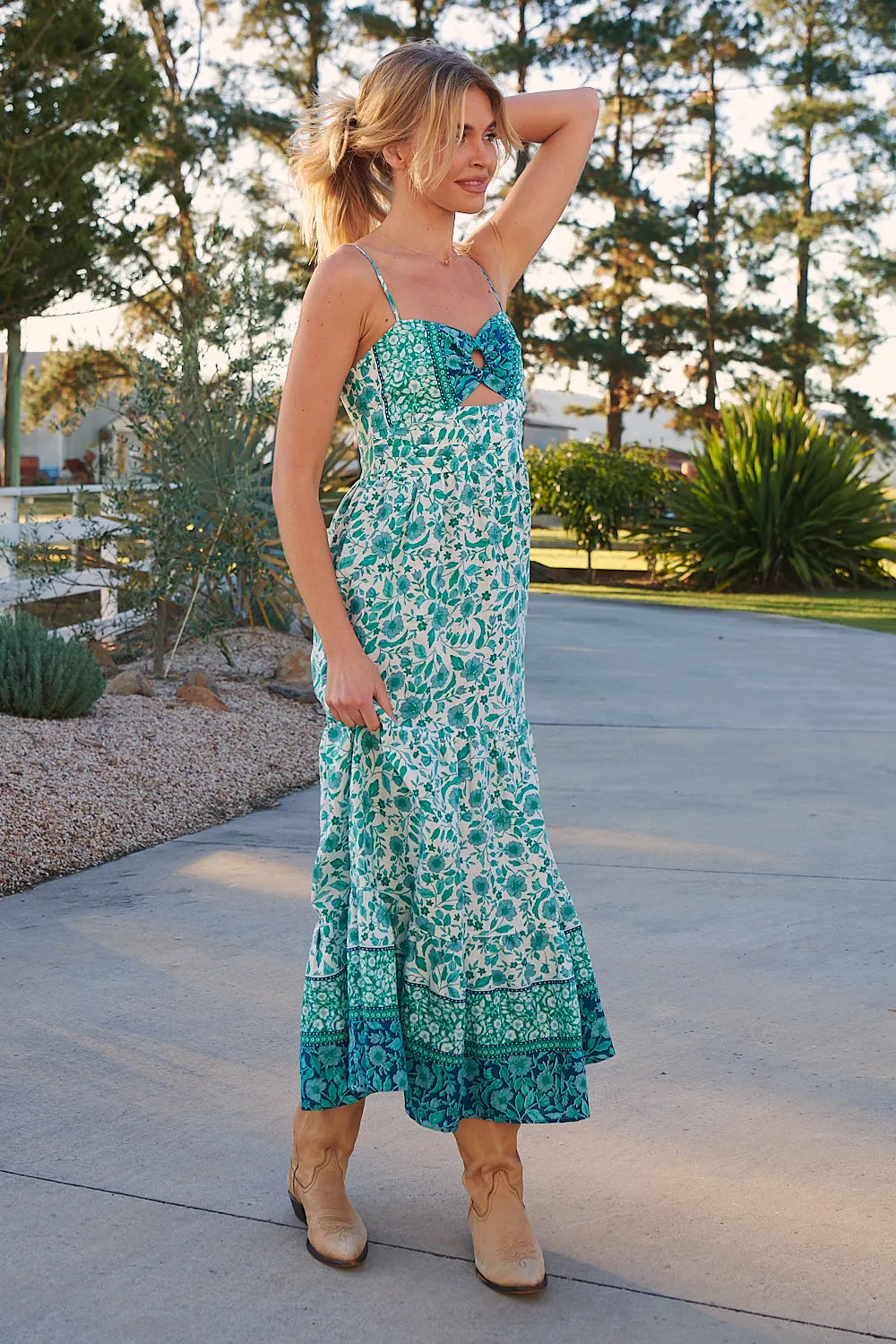 Henley Linen Maxi Dress - Emerald/White