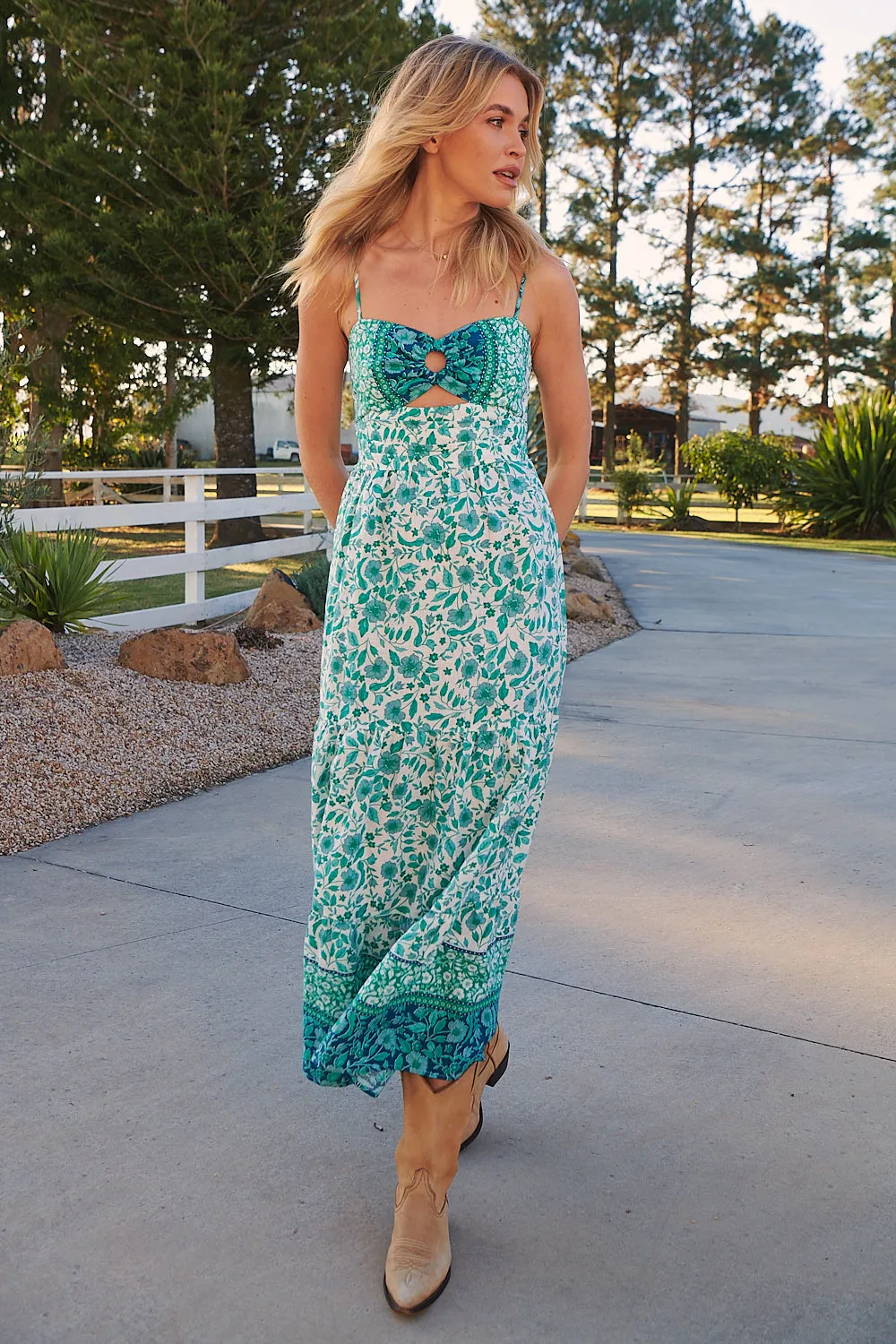 Henley Linen Maxi Dress - Emerald/White