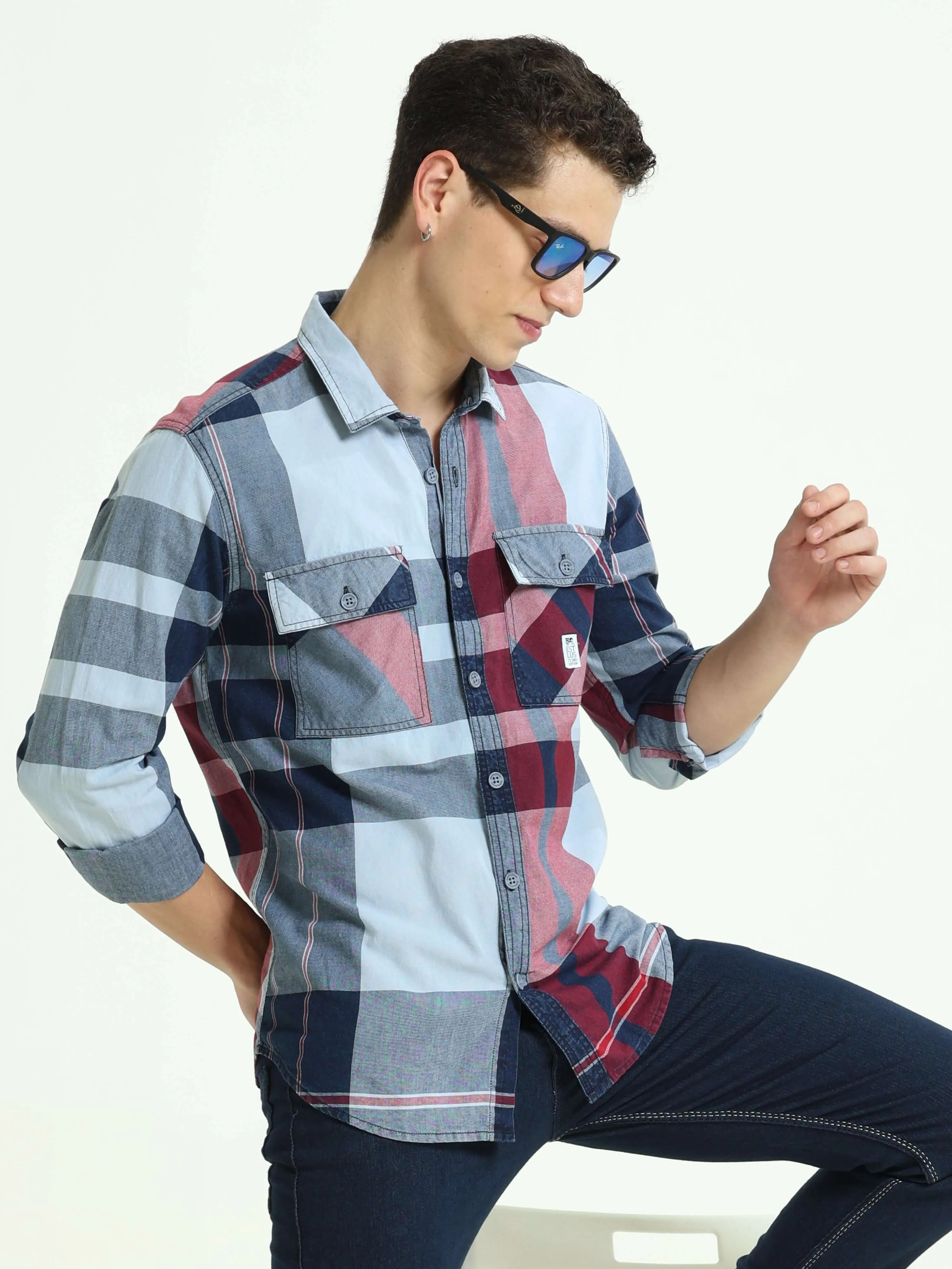 Indigo big check double pocket shirt