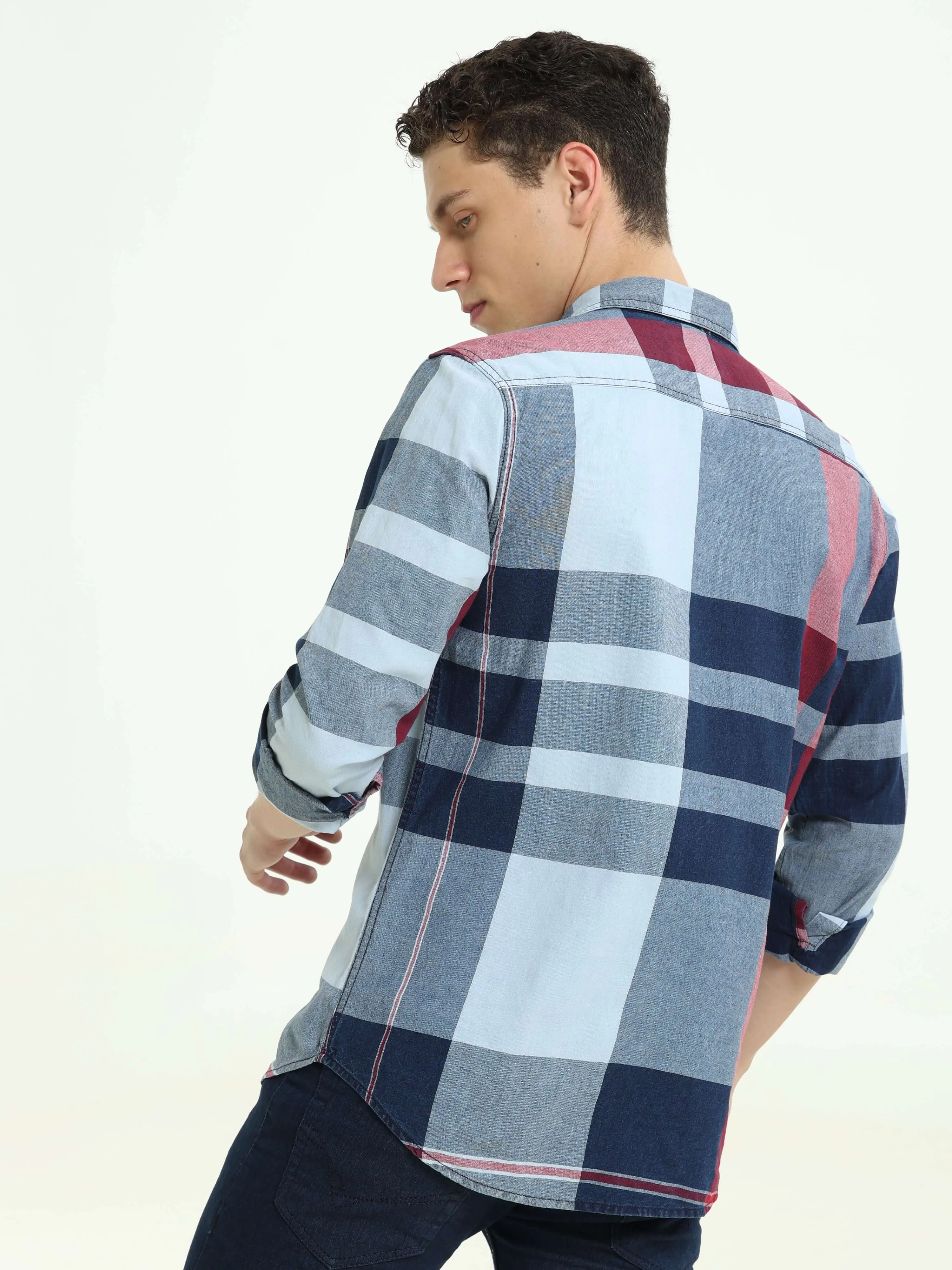 Indigo big check double pocket shirt