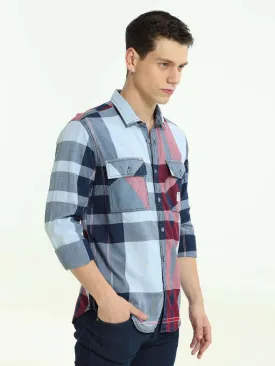 Indigo big check double pocket shirt