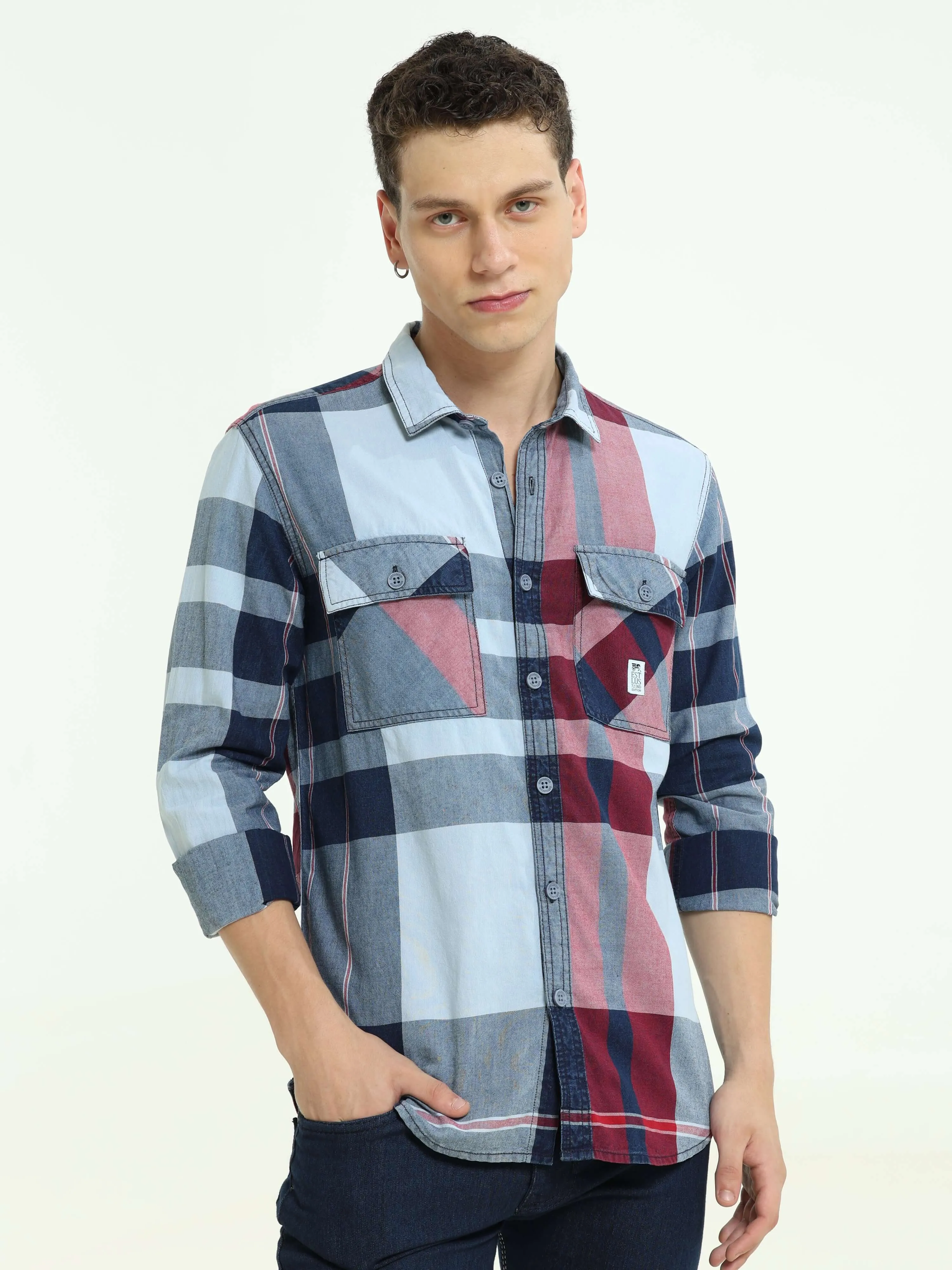 Indigo big check double pocket shirt