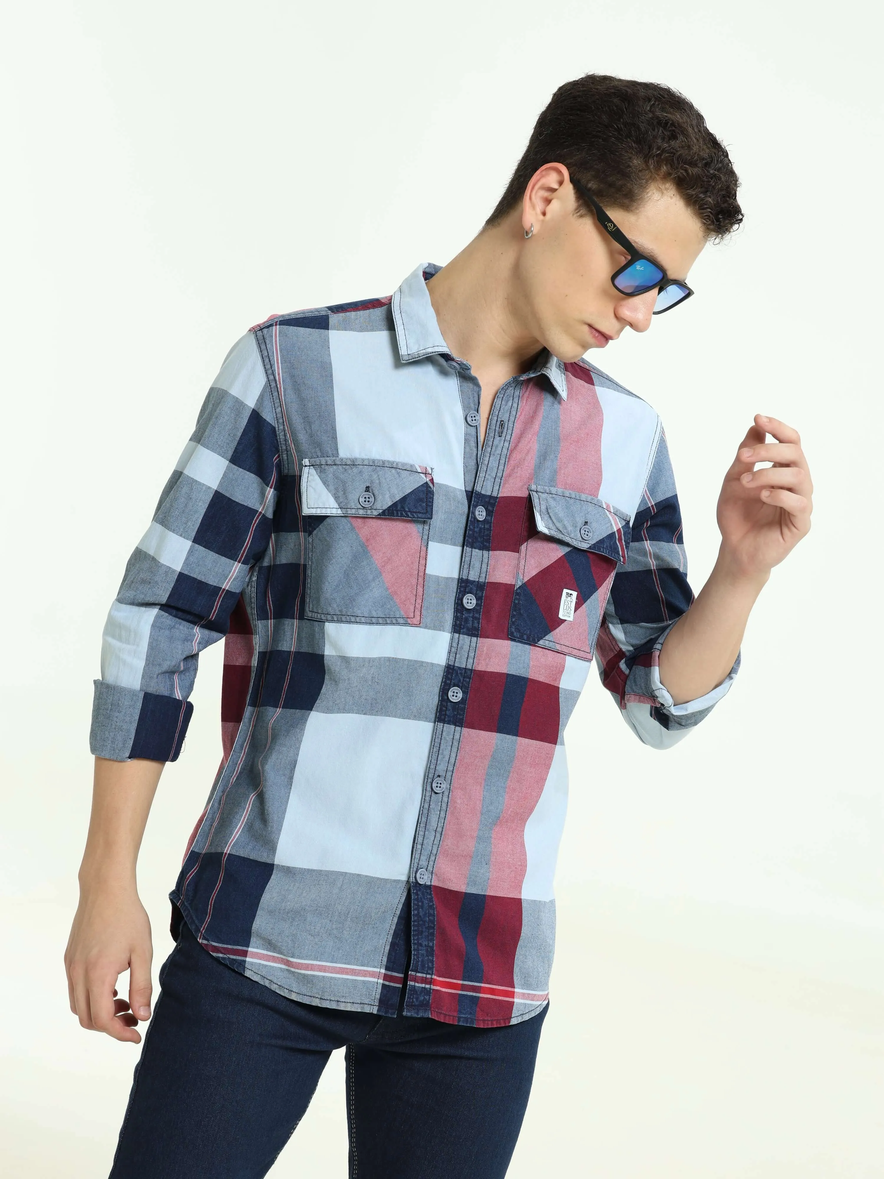 Indigo big check double pocket shirt