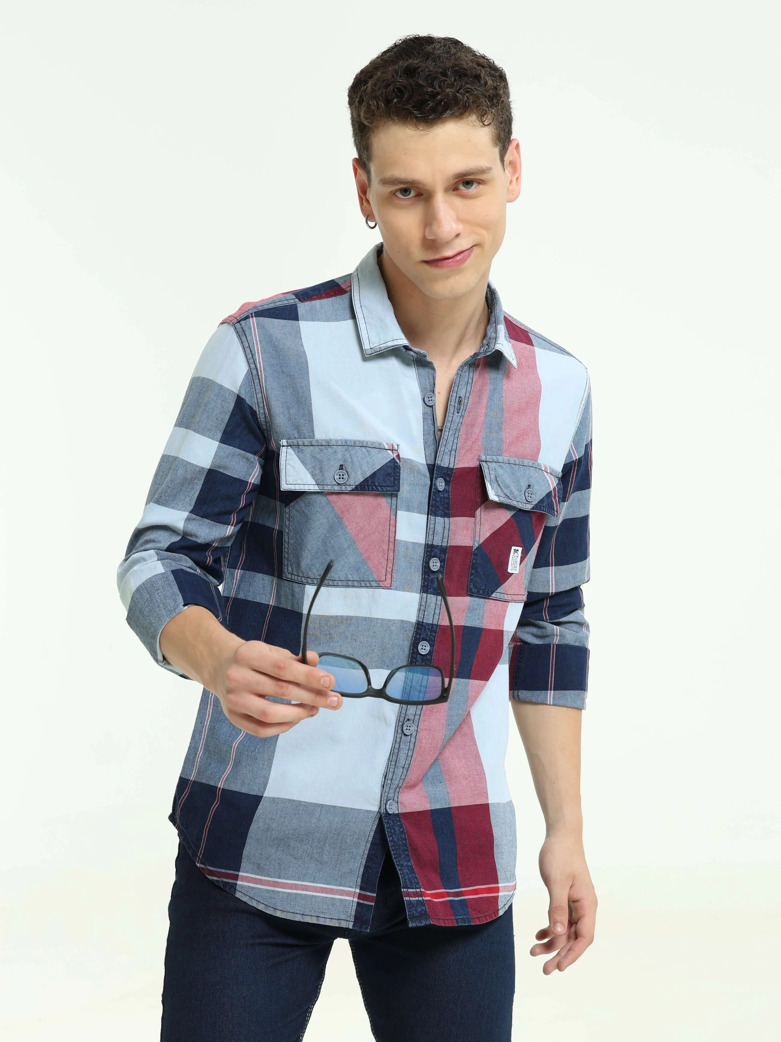 Indigo big check double pocket shirt