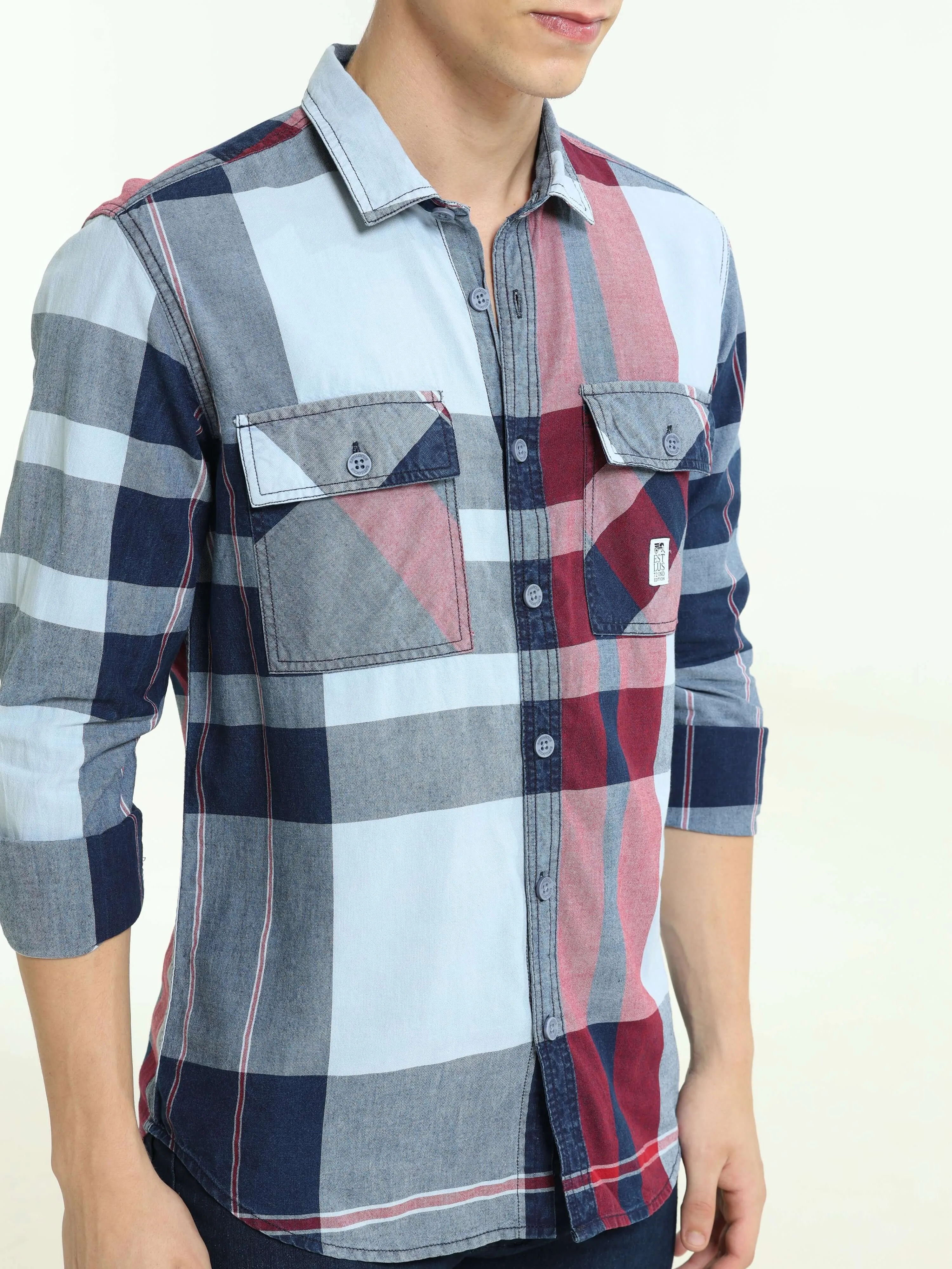 Indigo big check double pocket shirt