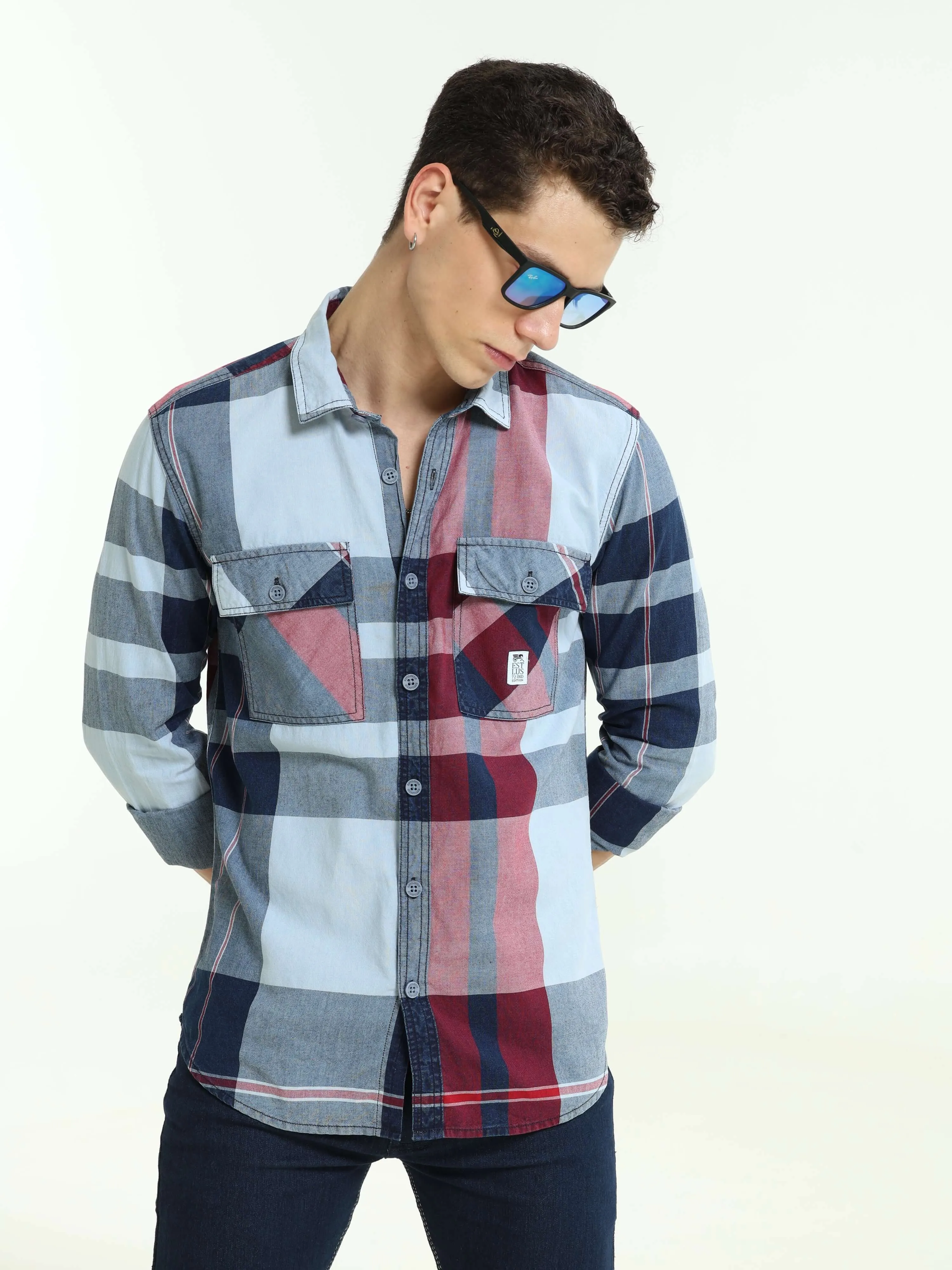 Indigo big check double pocket shirt