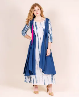 Indigo Tie and Dye Indo Western Gown with Attached Shrug