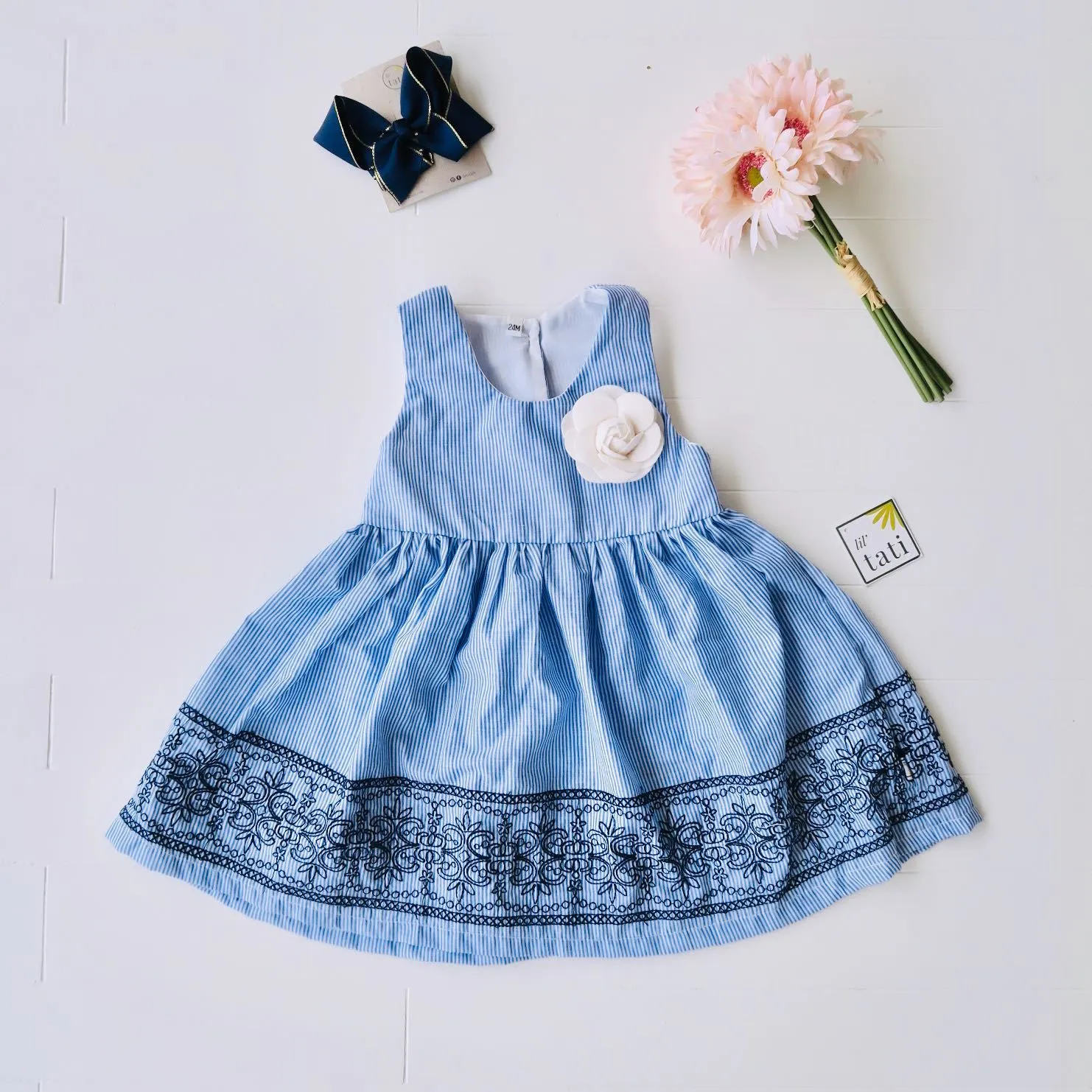 Iris Dress in Blue Stripes Embroidery