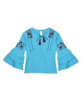 Ishin Girls Polyester Blue Embroidered Top