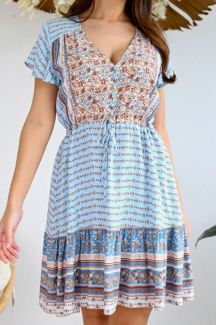 Jamilla Mini Dress - Sky Blue/Brown