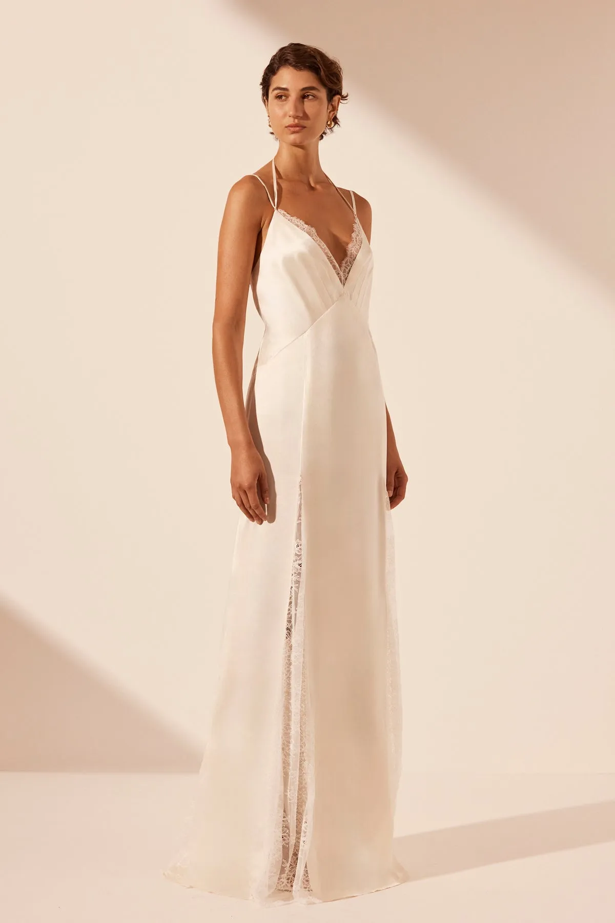 LA LUNE CUMULUS SILK LACE PLUNGED MAXI DRESS - IVORY