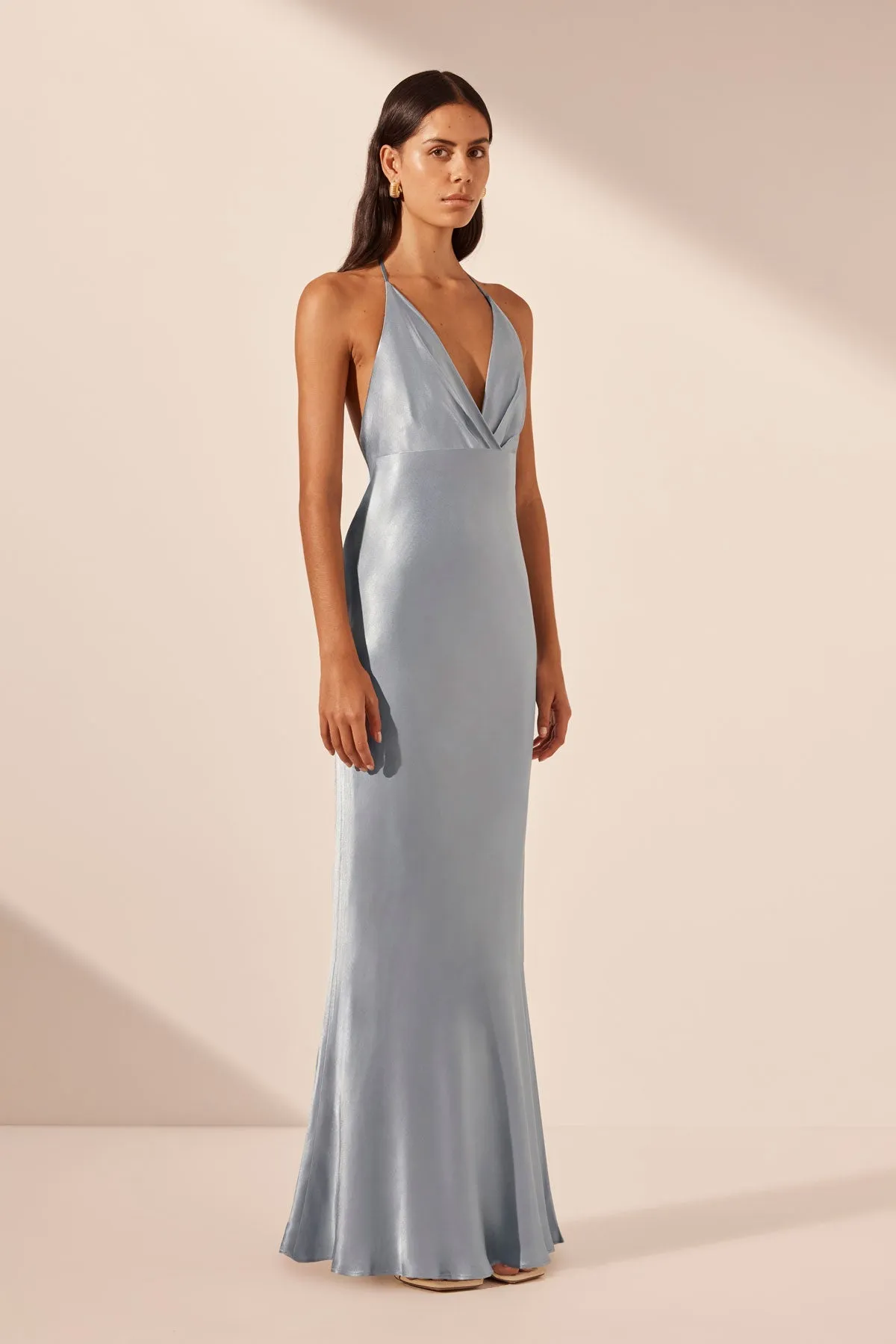 LA LUNE PLUNGED OPEN BACK HALTER MAXI DRESS - POWDER BLUE