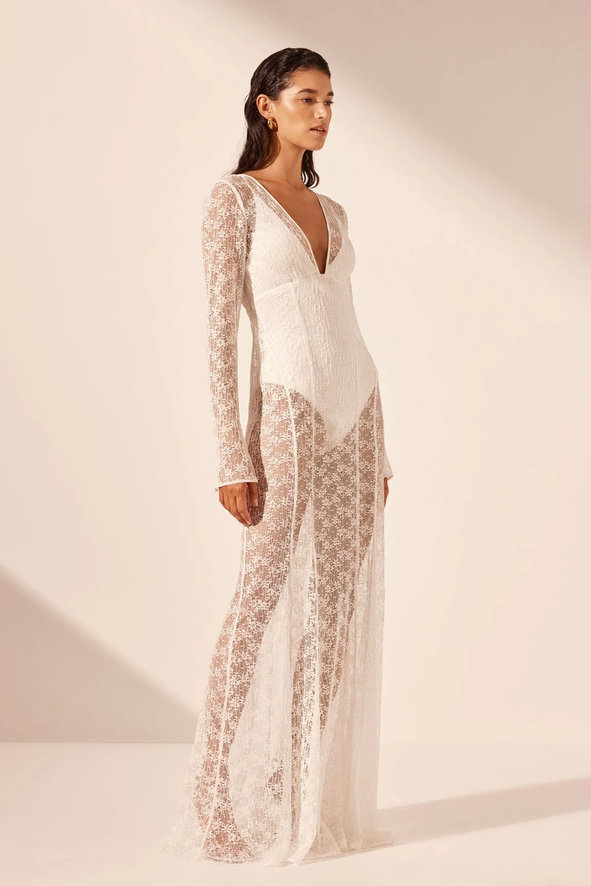 LA LUNE SOL LACE PLUNGED PANELLED MAXI DRESS - IVORY