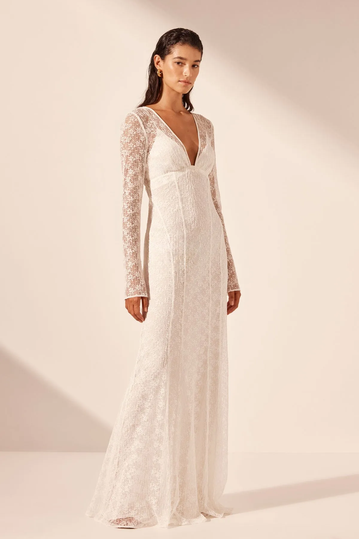 LA LUNE SOL LACE PLUNGED PANELLED MAXI DRESS - IVORY