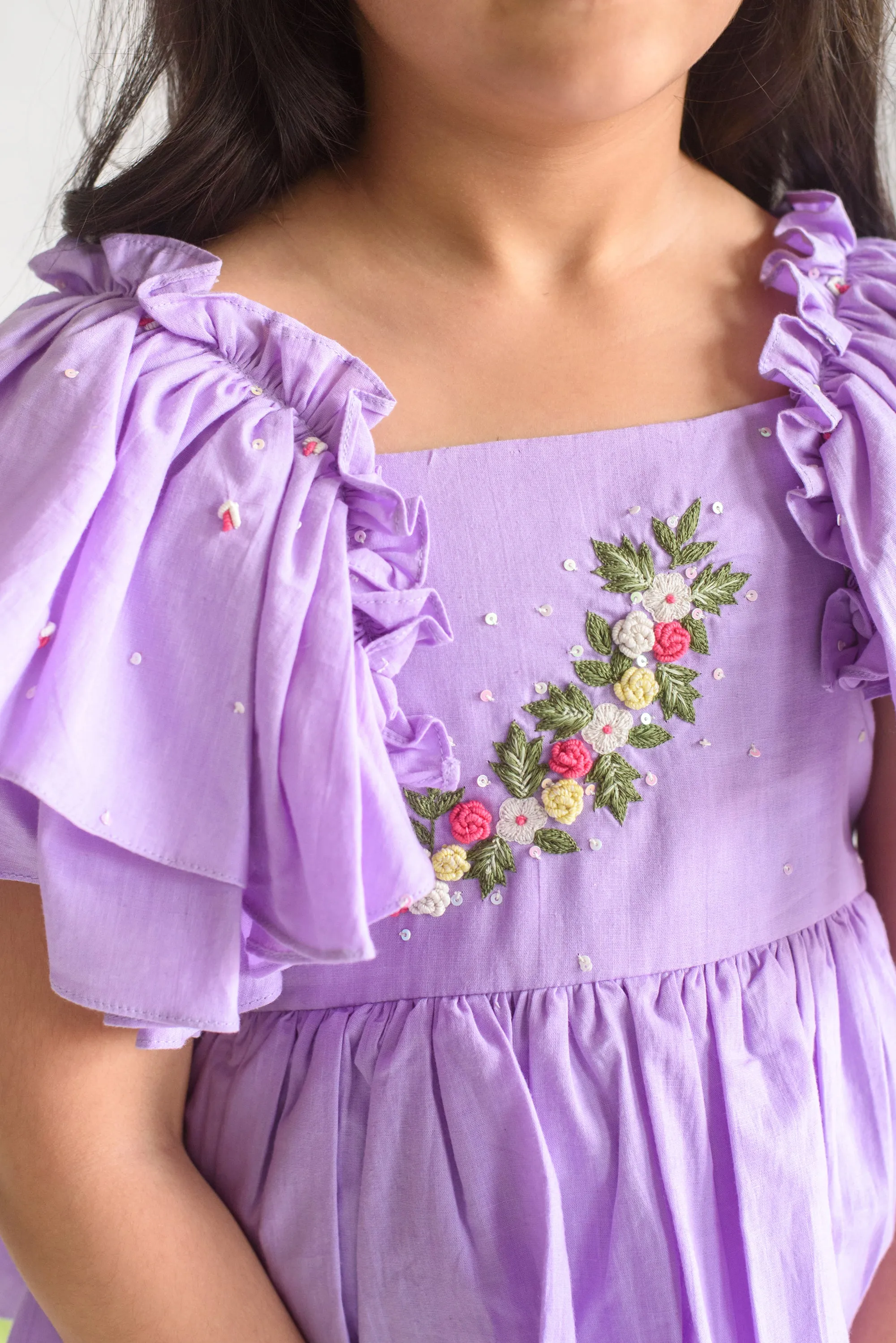 Lavender Lane- Embroidered Lavender Color Organic Cotton Dress For Girls