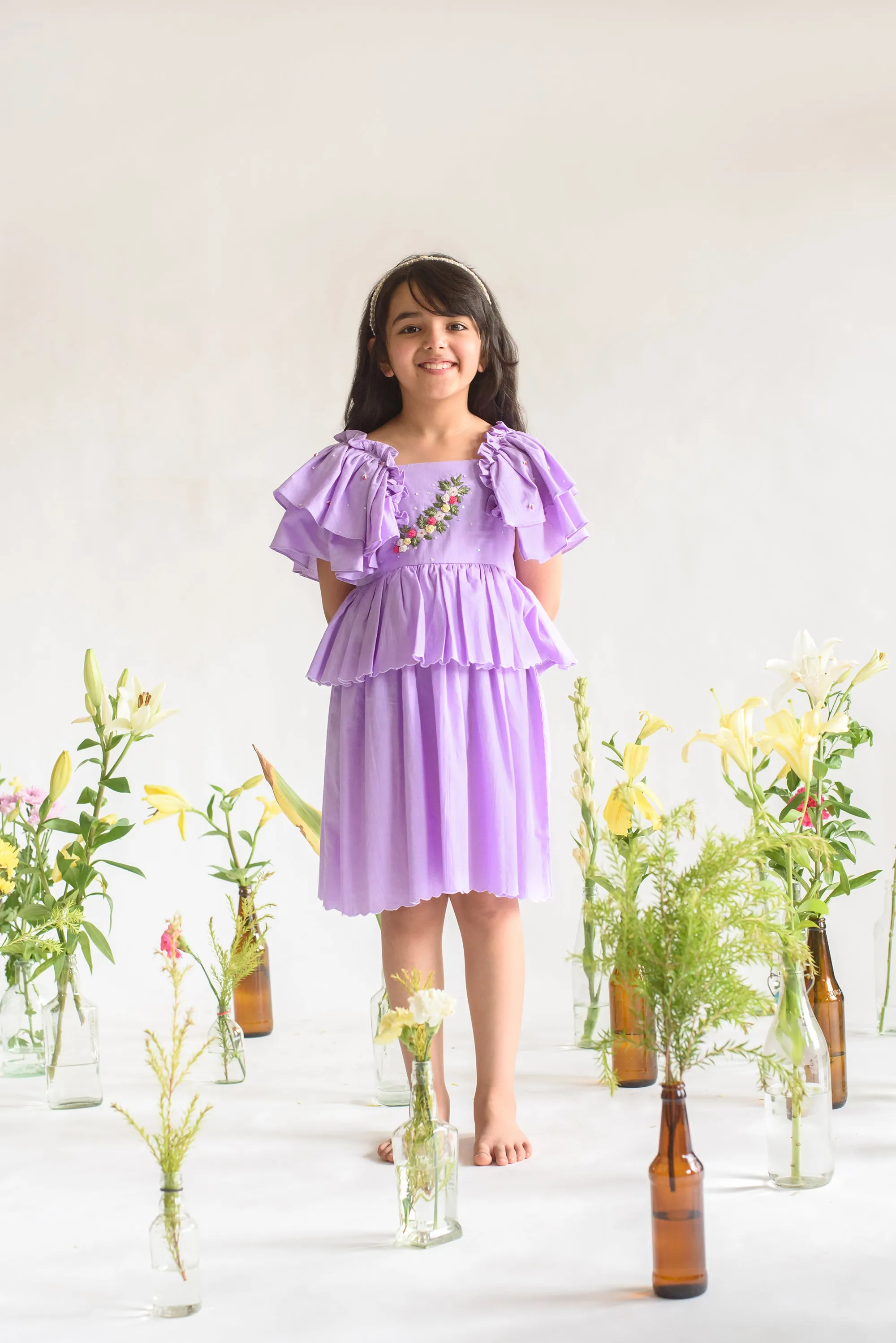 Lavender Lane- Embroidered Lavender Color Organic Cotton Dress For Girls